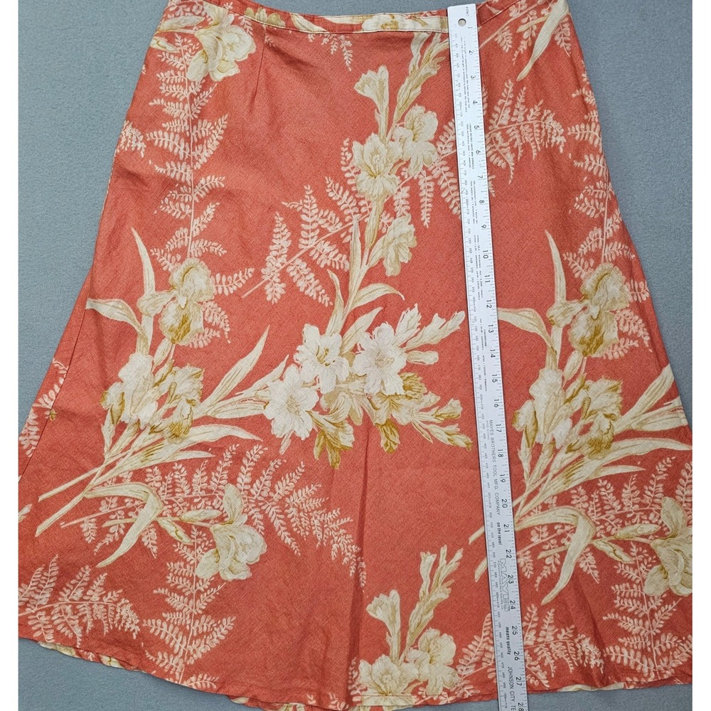 Vtg Liz Claiborne Linen Midi Skirt 16 Burnt Orange Cream Floral Earthy Boho Fall - Picture 7 of 10